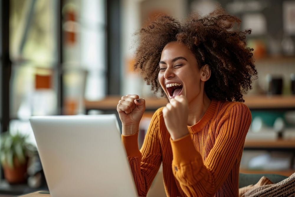 Girl student receive good test results laughing laptop adult. 