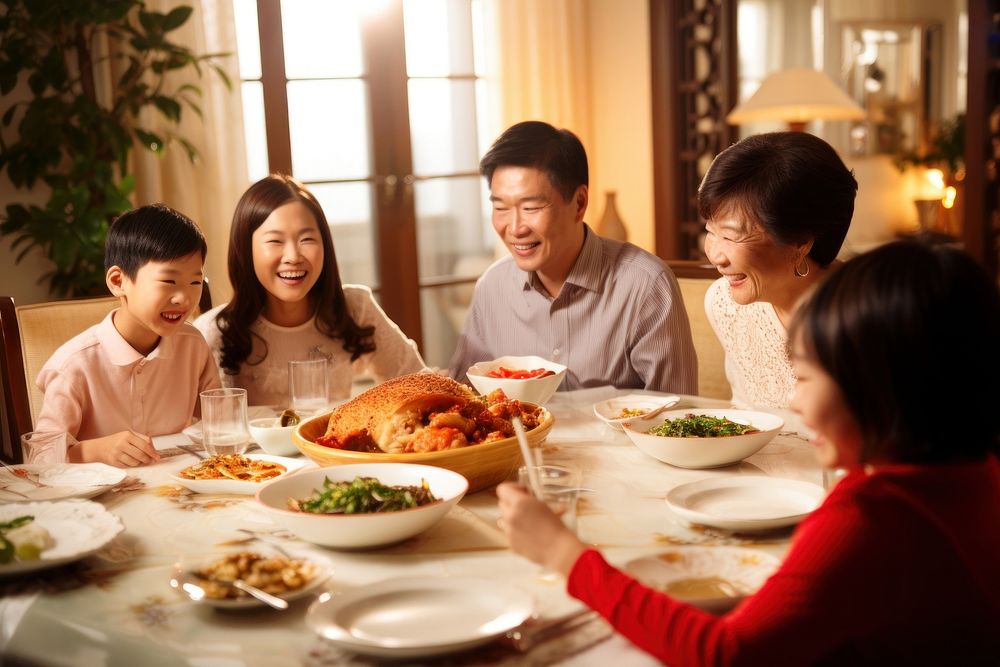 Asian chinese family having dinner party celebration supper lunch. AI generated Image by rawpixel.