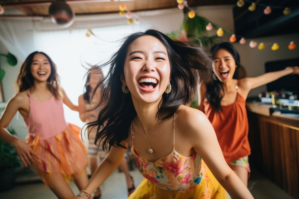 Asian girls dance party at home laughing adult togetherness. AI generated Image by rawpixel.