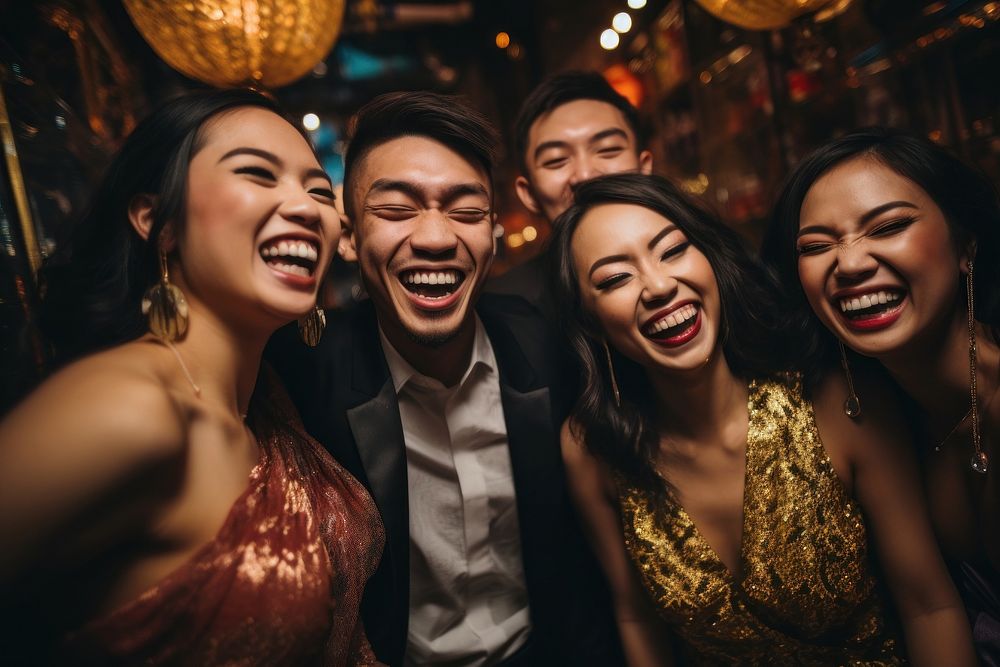 Asian friends having fun on night out celebration laughing wedding. AI generated Image by rawpixel.