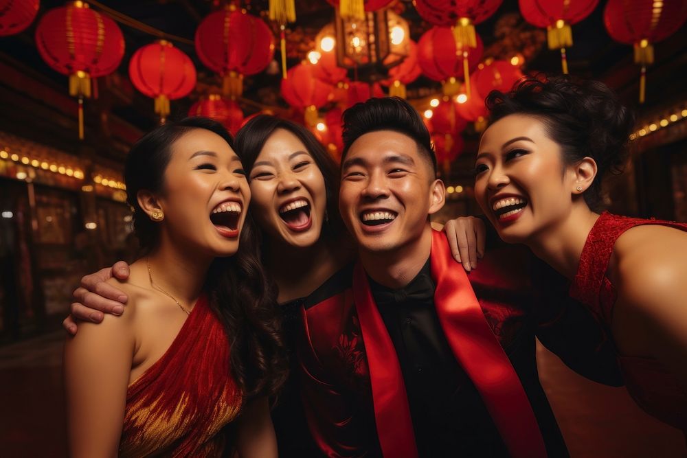 Asian friends having fun on night out celebration laughing adult. AI generated Image by rawpixel.