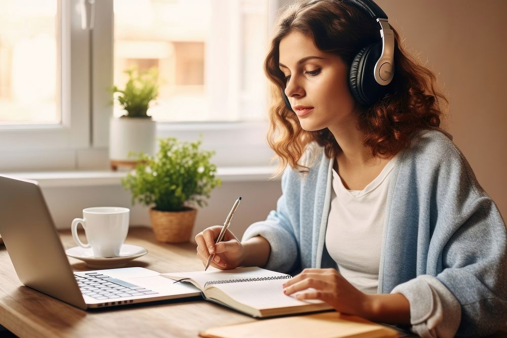 Latin woman learning online at home headphones writing listening. 