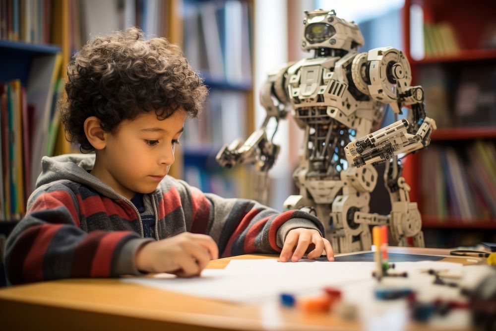 Latin child plays constructing robot student concentration technology. AI generated Image by rawpixel.