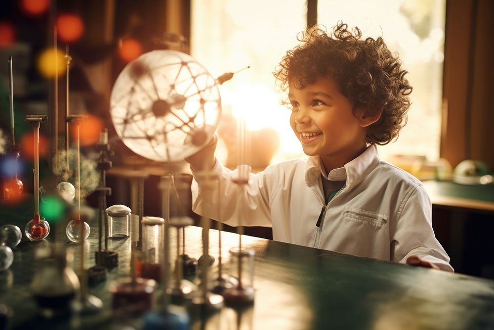 Latin child plays science toys scientist laboratory happiness. AI generated Image by rawpixel.