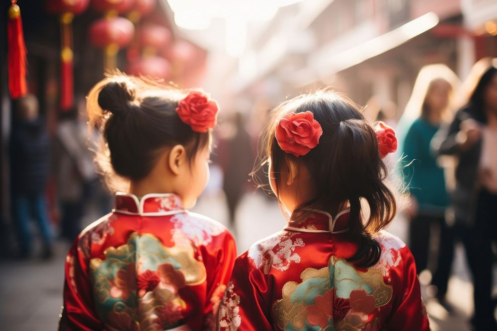 Little girls wearing a traditional chinese dress celebration festival kimono. AI generated Image by rawpixel.
