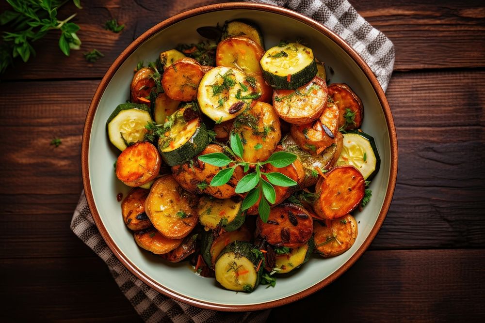 Garlic Herb Roasted Potatoes Carrots and Zucchini vegetable zucchini roasted. AI generated Image by rawpixel.