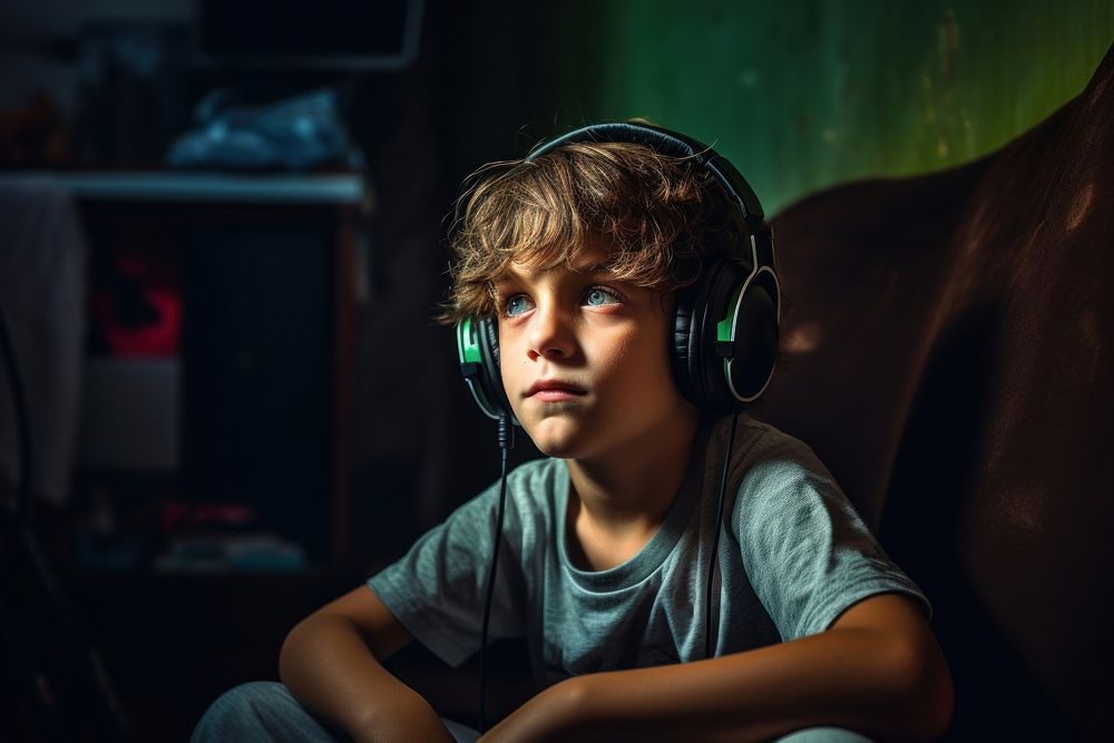Young gamer playing headphones portrait photo. AI generated Image by rawpixel.