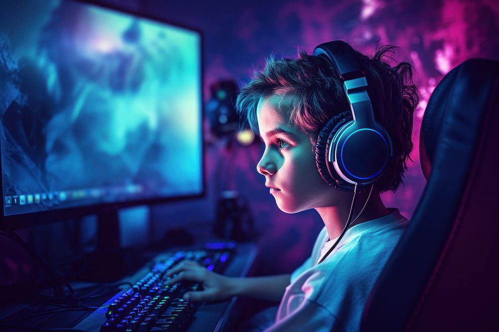 Gamer playing headphones computer headset. AI generated Image by rawpixel.