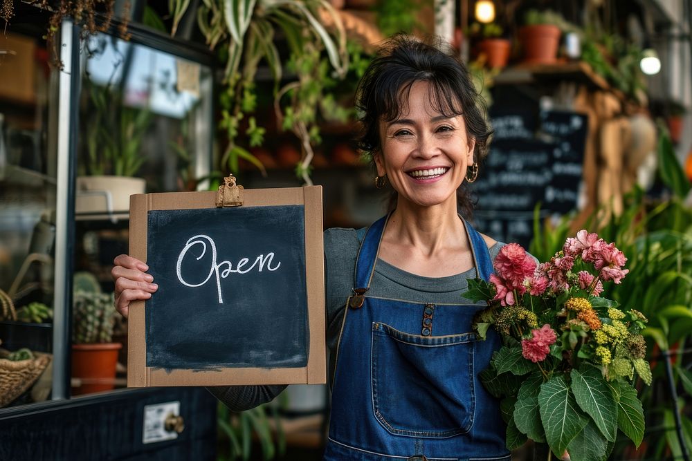 Cheerful small business owner blackboard standing smiling. AI generated Image by rawpixel.
