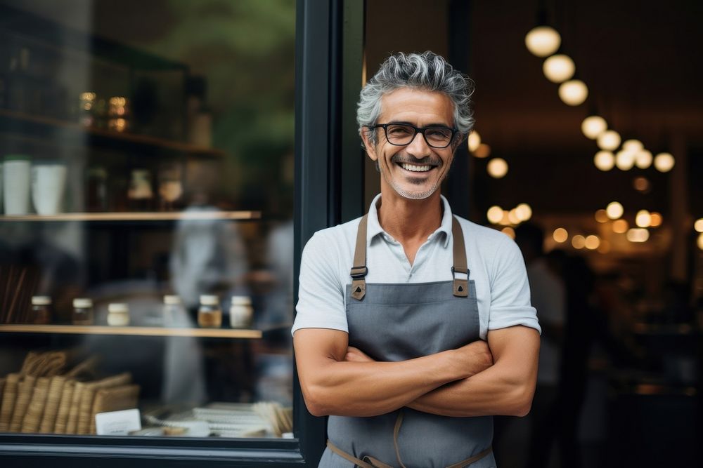 Cheerful small business owner standing smiling glasses. AI generated Image by rawpixel.