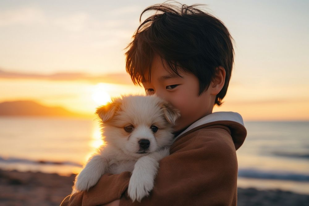 Japanese kid puppy beach pet. AI generated Image by rawpixel.