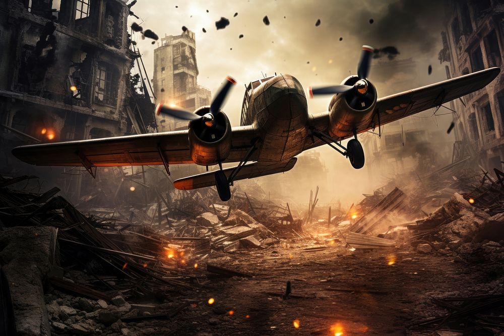 Post-apocalyptic city aircraft military airplane. AI generated Image by rawpixel.