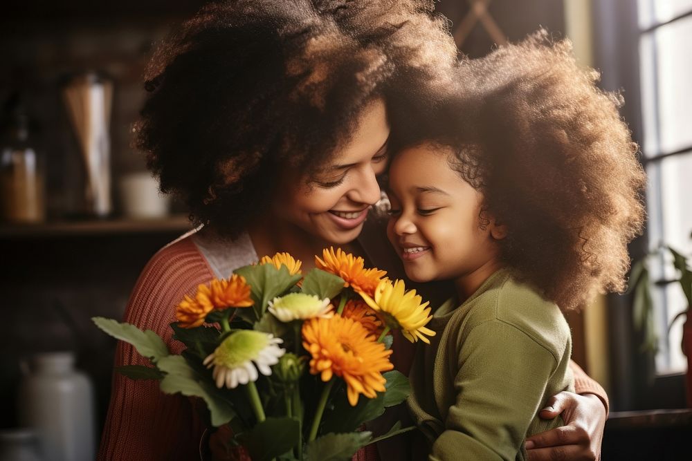 Afro american family flower portrait hugging. AI generated Image by rawpixel.