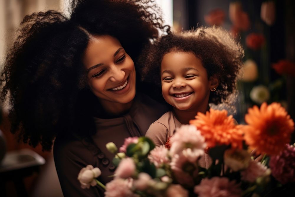 Afro american family flower laughing portrait. AI generated Image by rawpixel.