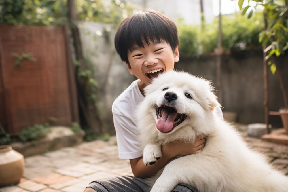 Chinese boy dog pet mammal. AI generated Image by rawpixel.