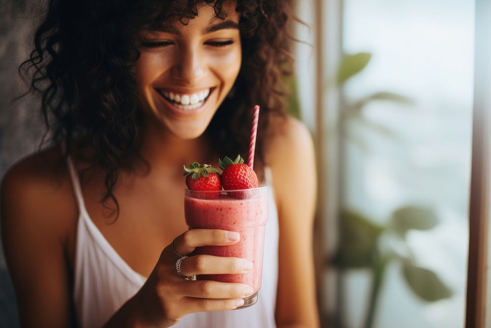 Strawberry smoothie drink drinking smiling. AI generated Image by rawpixel.