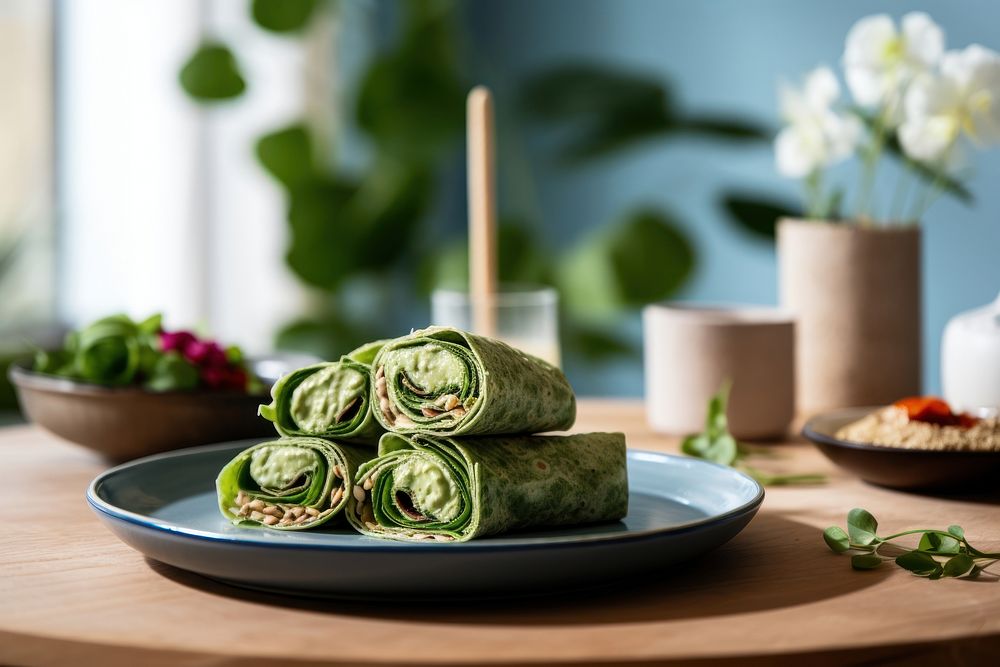 Veggie spinach wraps plate table food. AI generated Image by rawpixel.