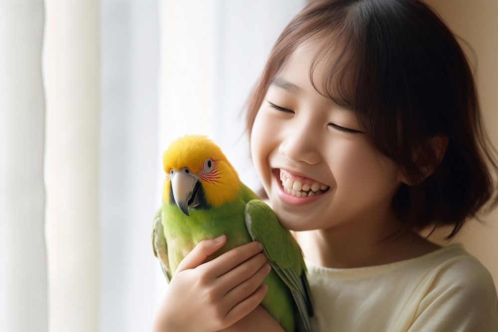 Japanese girl parrot animal smile. AI generated Image by rawpixel.