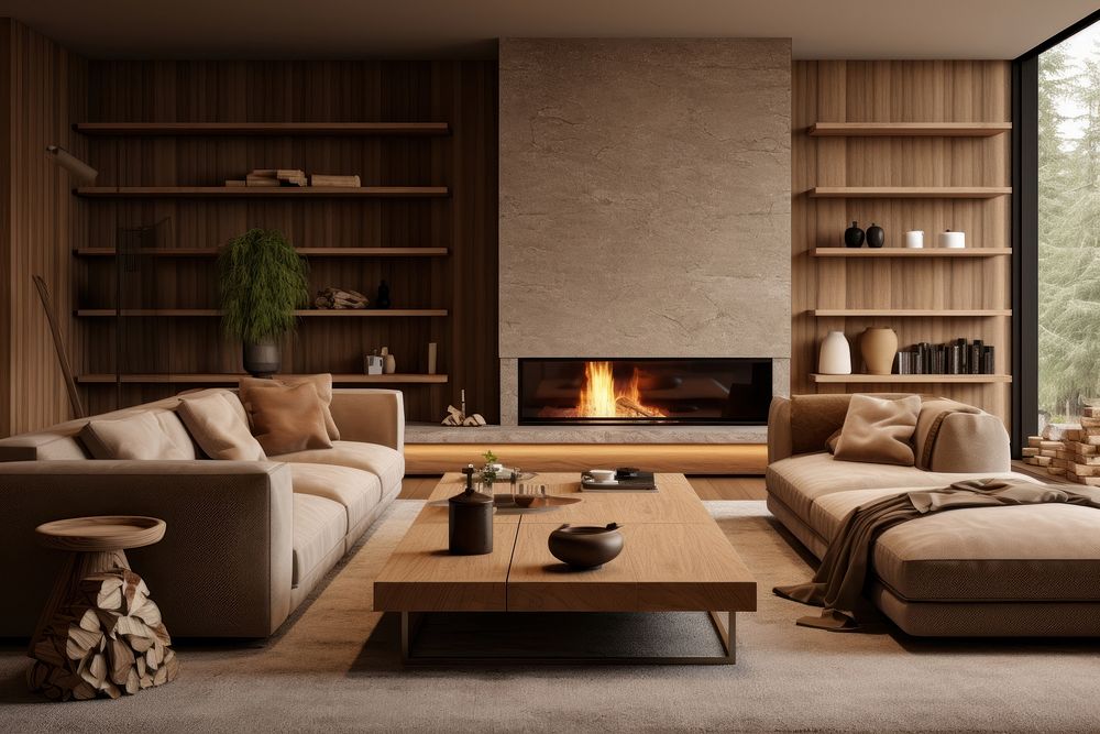 Living room furniture architecture fireplace. AI generated Image by rawpixel.