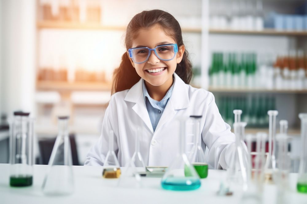 Mexican girl in a scientist uniform cheerful student glasses. 