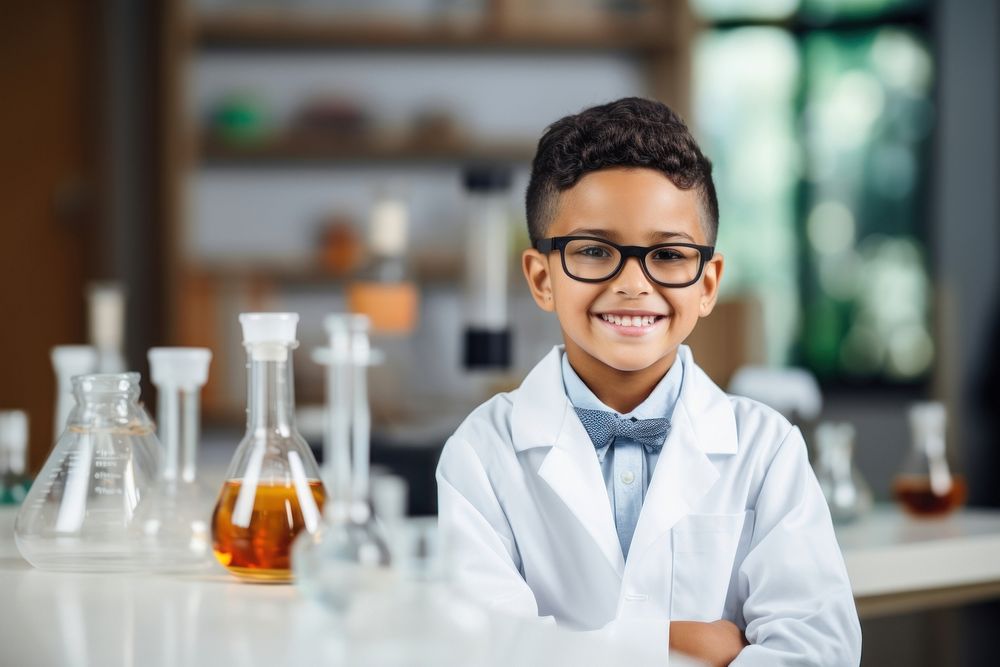Mexican kid in a scientist uniform cheerful student laboratory. AI generated Image by rawpixel.