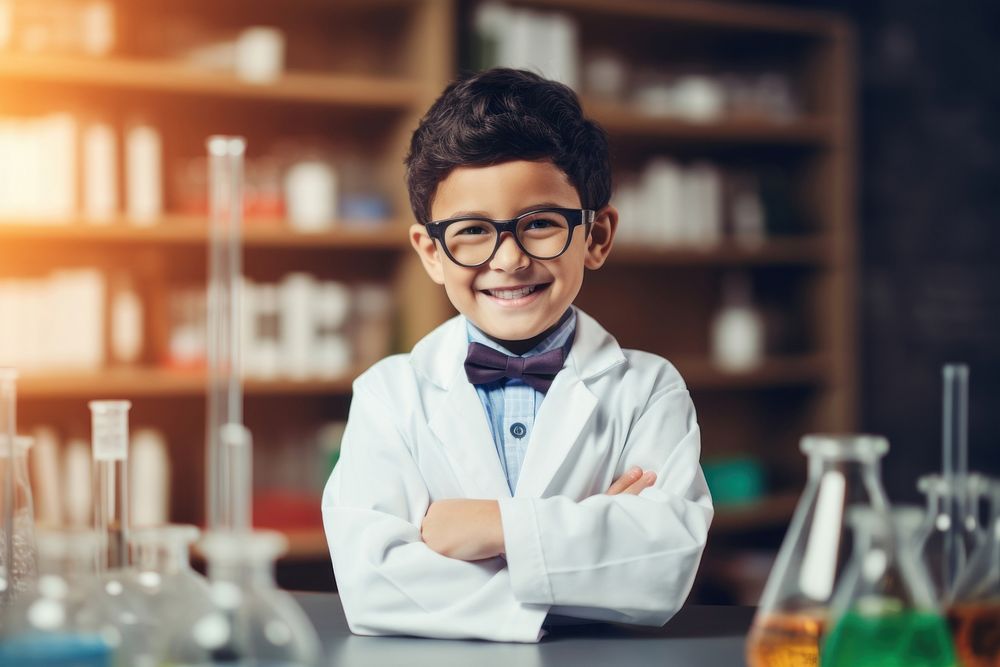 Mexican kid in a scientist uniform classroom cheerful student. AI generated Image by rawpixel.
