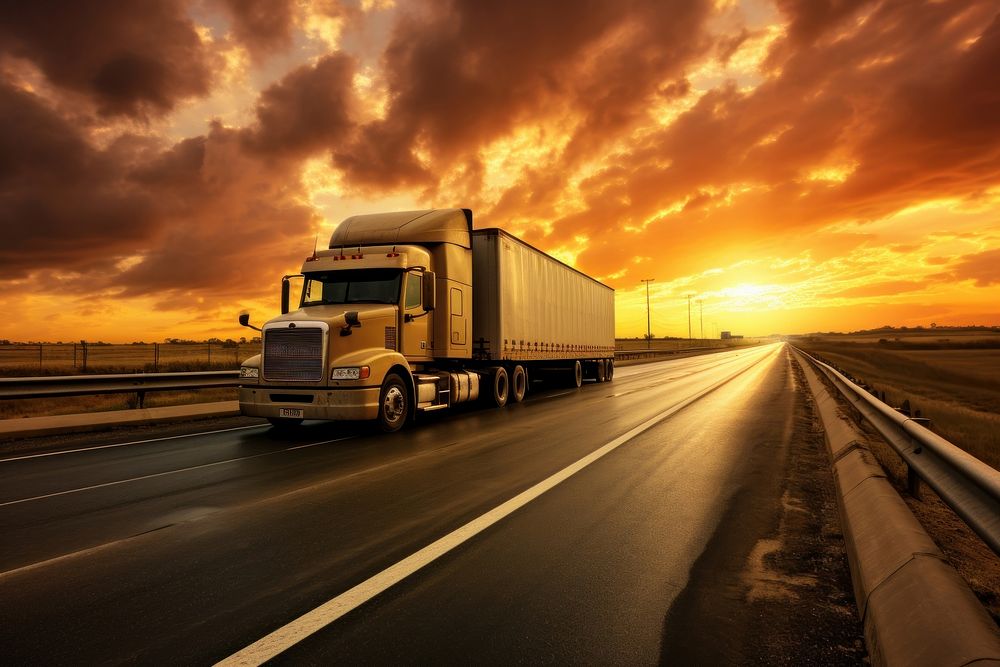 Moving truck vehicle highway sunset. AI generated Image by rawpixel.