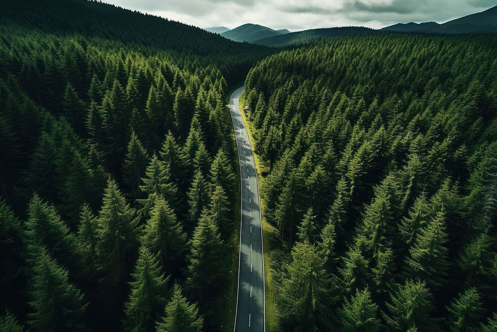 Pine tree mountain road nature outdoors woodland. AI generated Image by rawpixel.