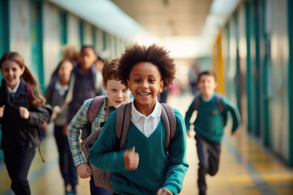 Pupils running corridor student school. AI generated Image by rawpixel.