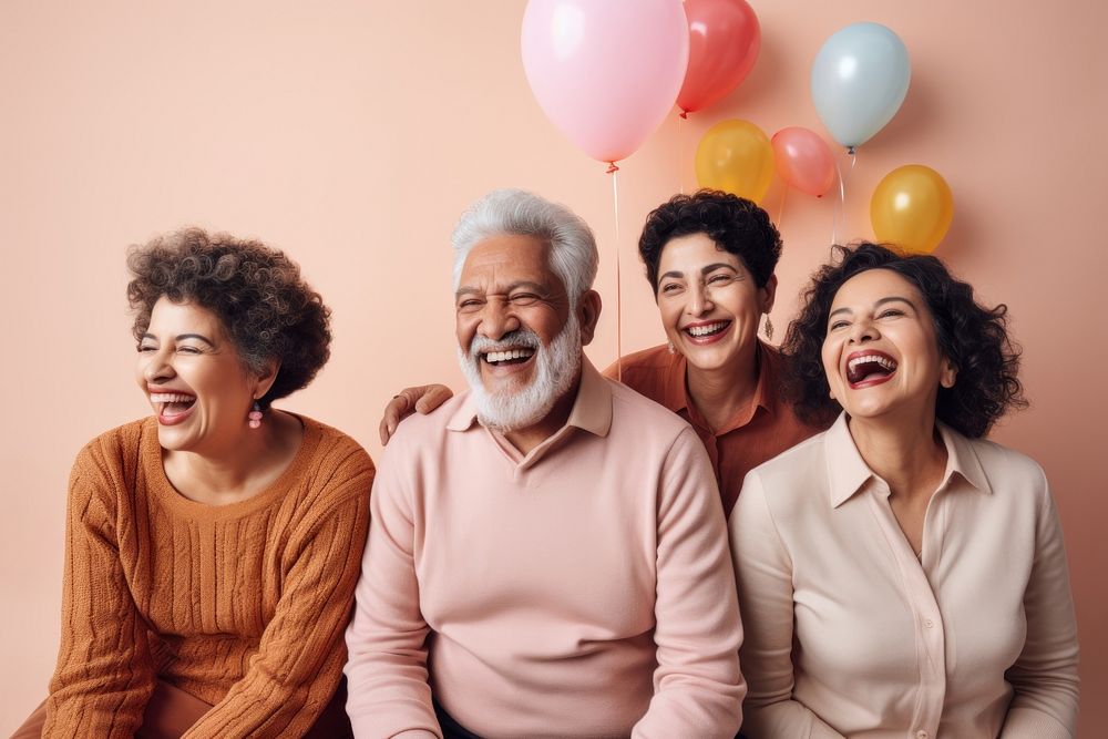 Hispanic people balloon birthday laughing. AI generated Image by rawpixel.