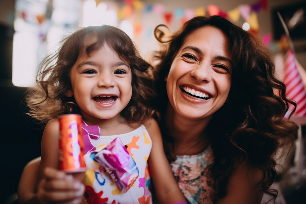 Young girl and mom portrait laughing birthday. AI generated Image by rawpixel.