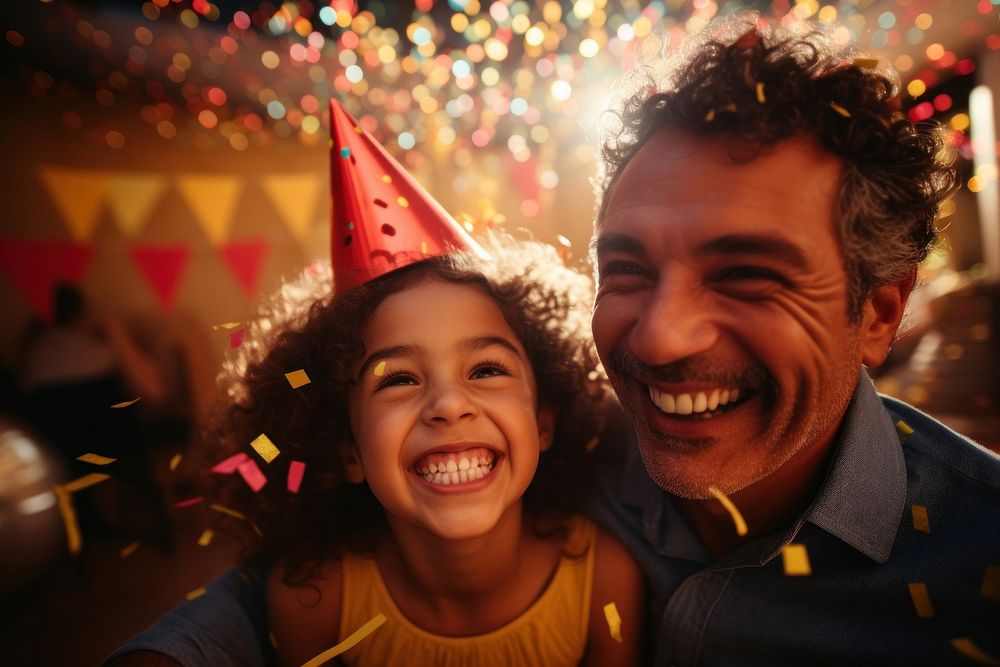 Young girl and dad portrait birthday laughing. AI generated Image by rawpixel.
