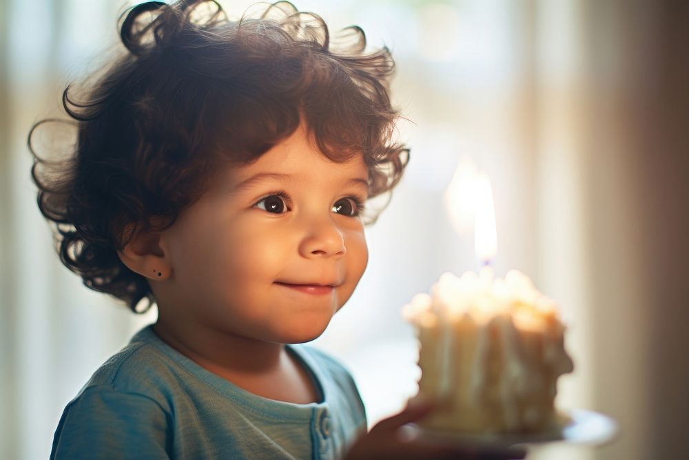 Little Latino baby boy portrait candle cake. AI generated Image by rawpixel.