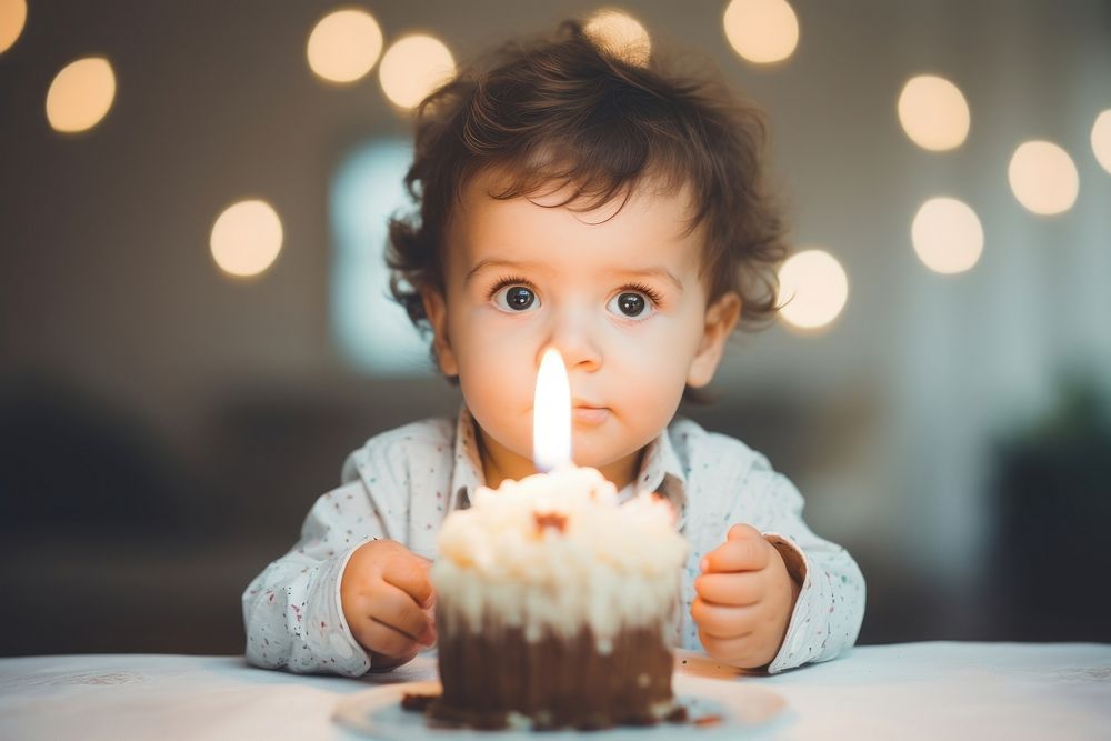 Little Latino baby boy candle cake birthday. AI generated Image by rawpixel.