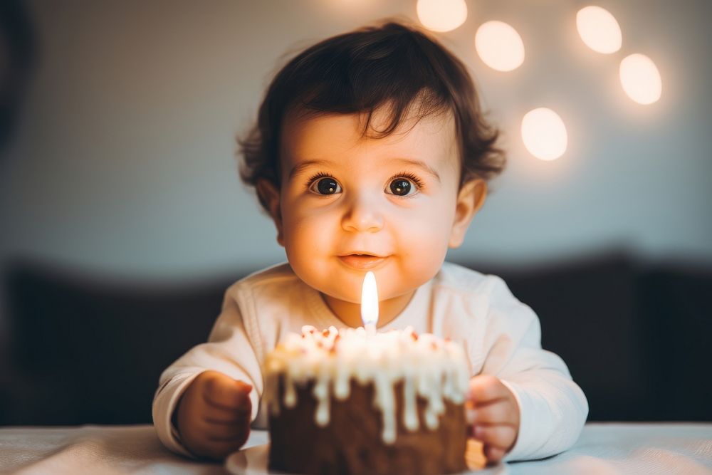 Little Latino baby boy candle cake birthday. AI generated Image by rawpixel.