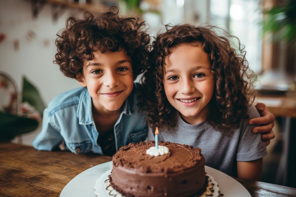 Young Hispanic friends cake birthday portrait. AI generated Image by rawpixel.