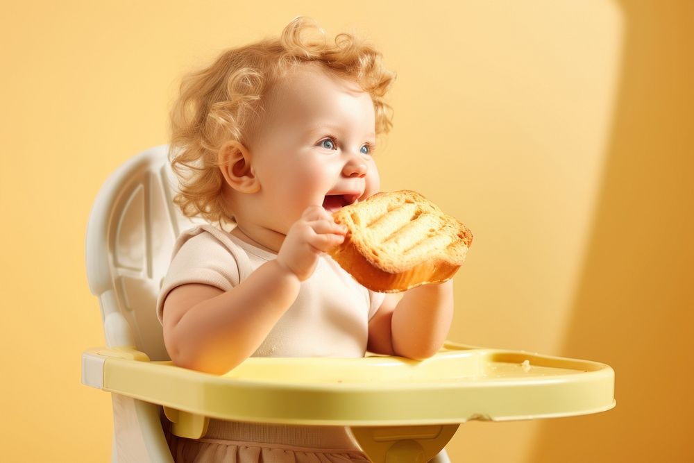 Baby in the high chair eating bread food. AI generated Image by rawpixel.