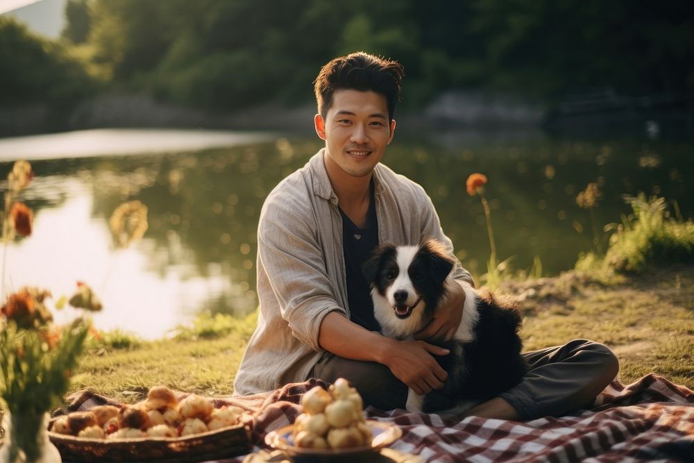 Japanese man picnic portrait outdoors sitting. AI generated Image by rawpixel.