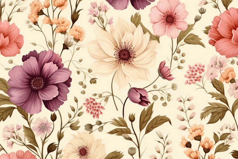 Seamless pattern with flowers and leaves backgrounds plant art. AI generated Image by rawpixel.