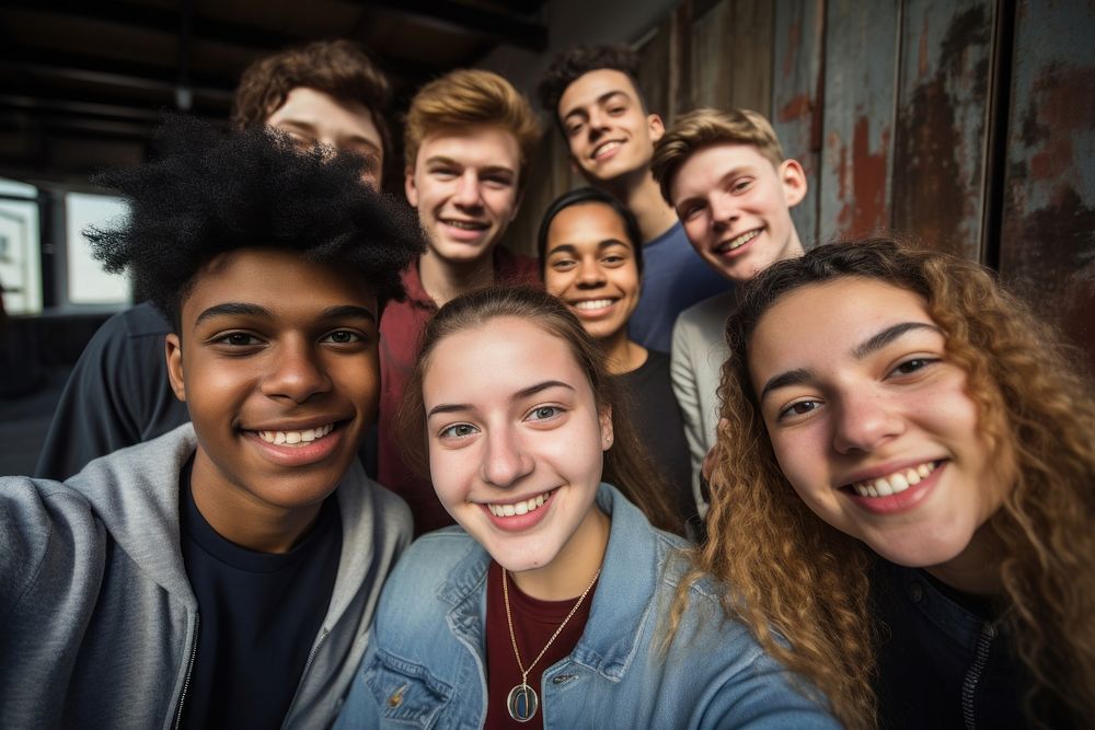 Latinix group of young student friends portrait laughing selfie. AI generated Image by rawpixel.