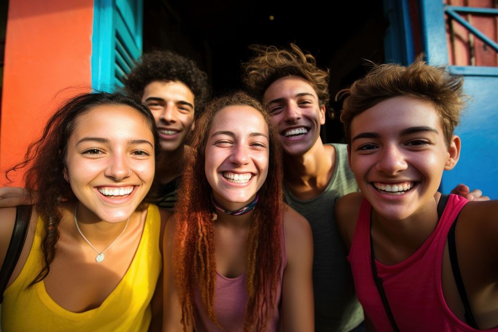 Latinix group of young student friends laughing portrait smile. AI generated Image by rawpixel.
