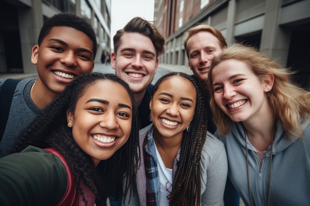 Latinix group of young student friends laughing portrait selfie. AI generated Image by rawpixel.