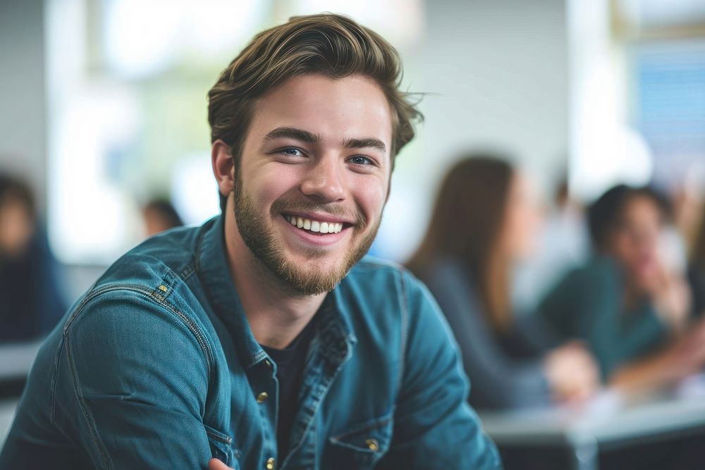 Male student sitting smiling adult smile. AI generated Image by rawpixel.