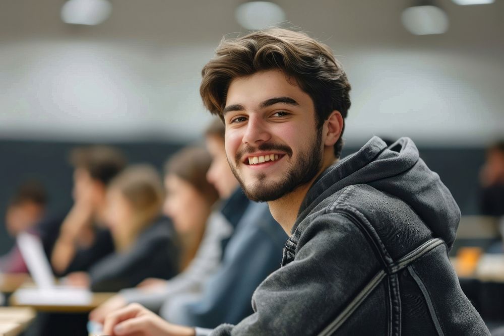 Male student sitting university smiling adult. AI generated Image by rawpixel.