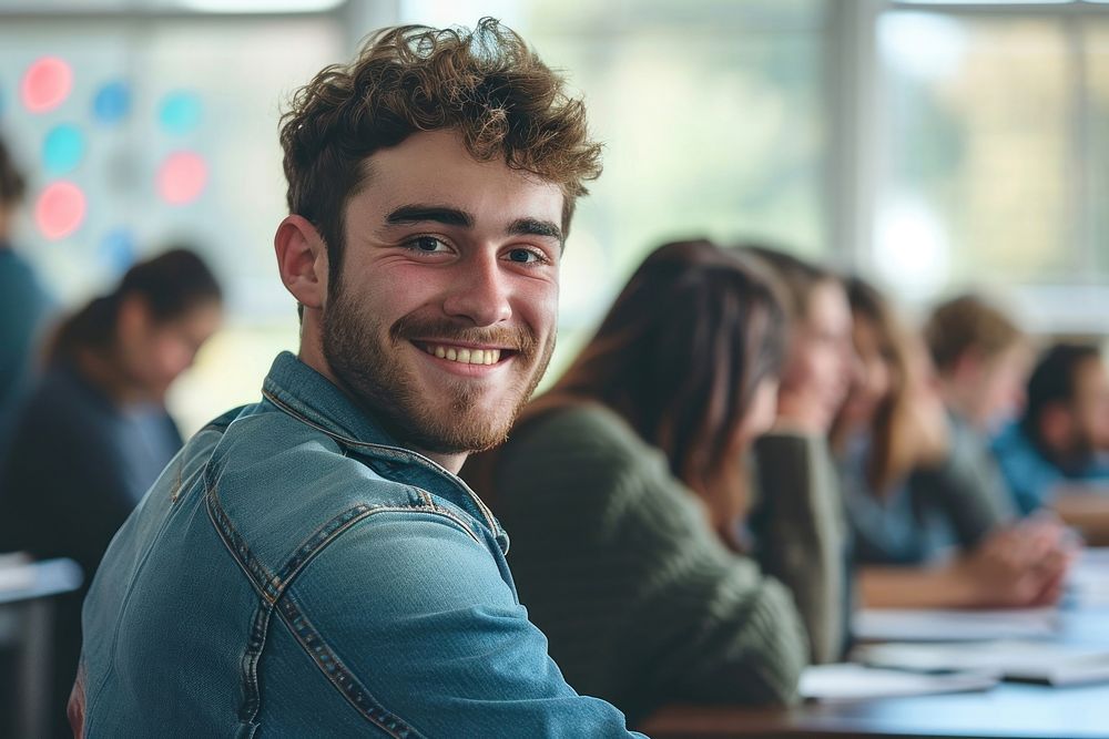 Male student sitting university classroom smiling. AI generated Image by rawpixel.