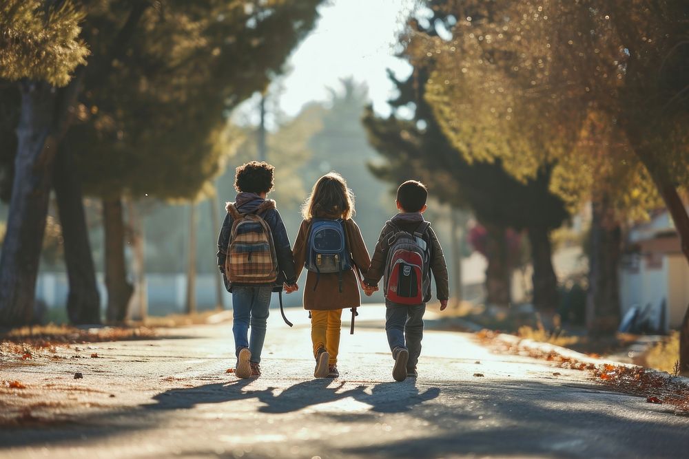 Students walking to school student child togetherness. AI generated Image by rawpixel.
