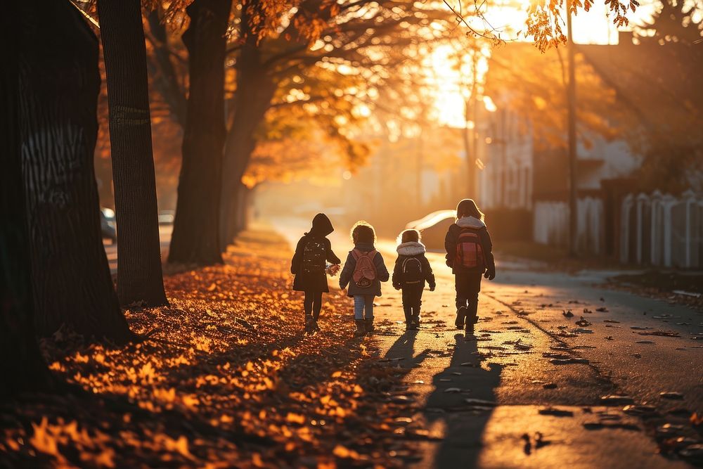 Students walking to school autumn togetherness architecture. AI generated Image by rawpixel.