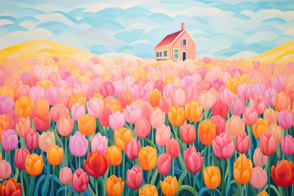 Colorful Tulip field house architecture backgrounds. AI generated Image by rawpixel.