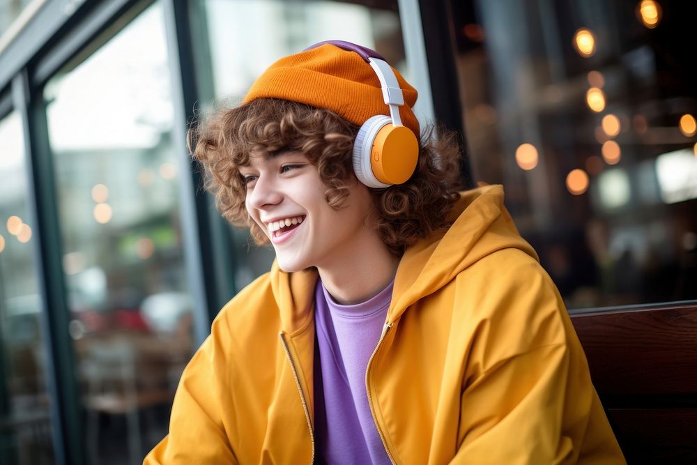 Happy and stylish teenager listening yellow smile. AI generated Image by rawpixel.