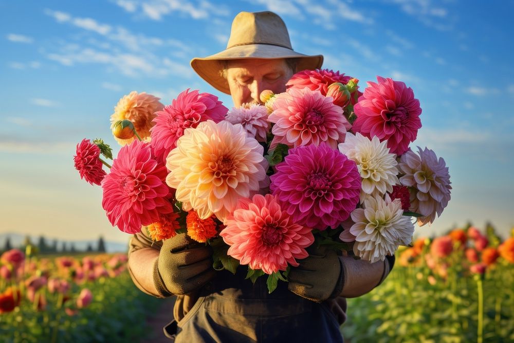 A farmer harvests a bouquet of flowers landscape gardening outdoors. AI generated Image by rawpixel.